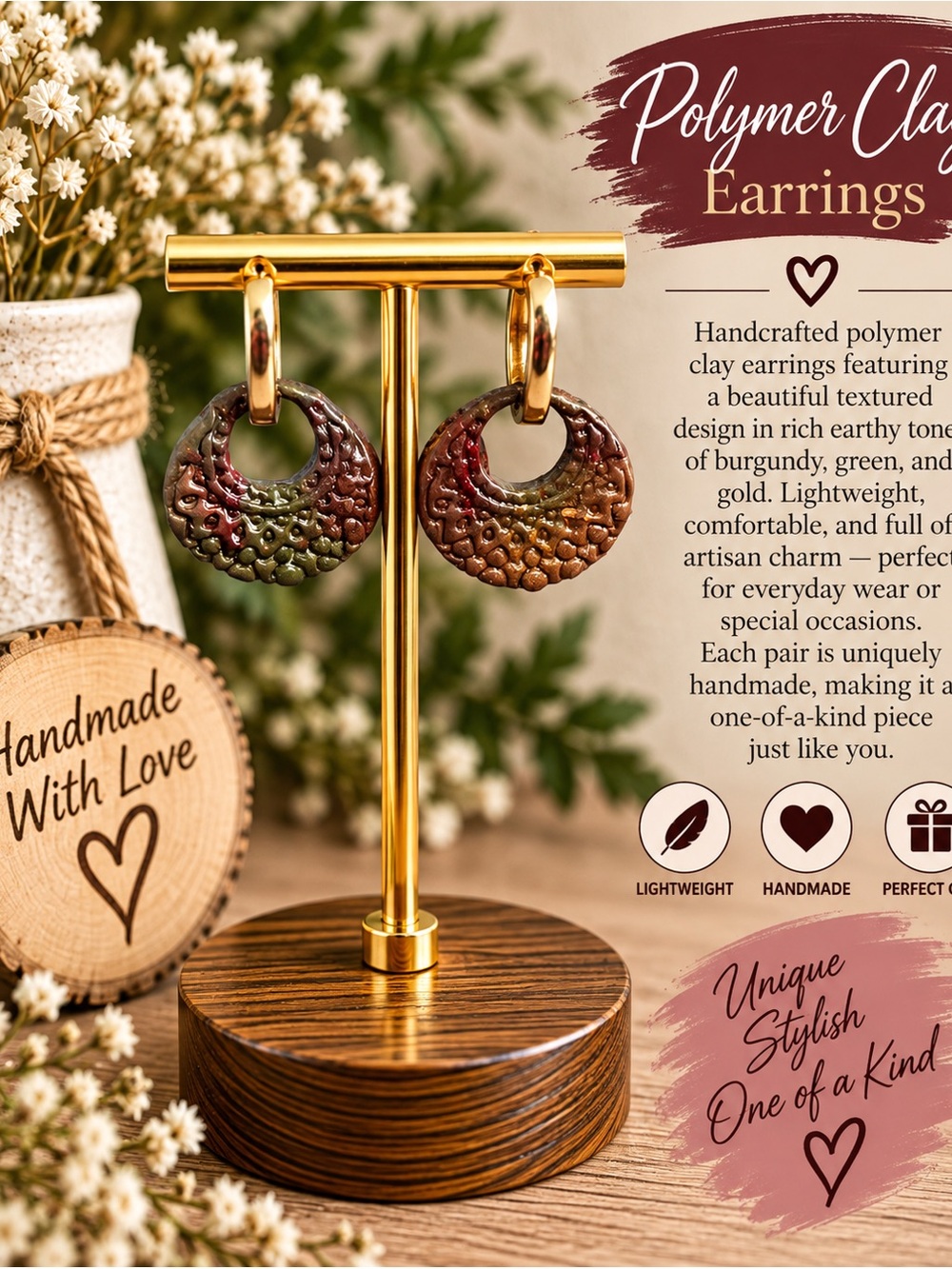 Handmade Polymer Clay Burgundy Green Gold Textured Hoop Earrings